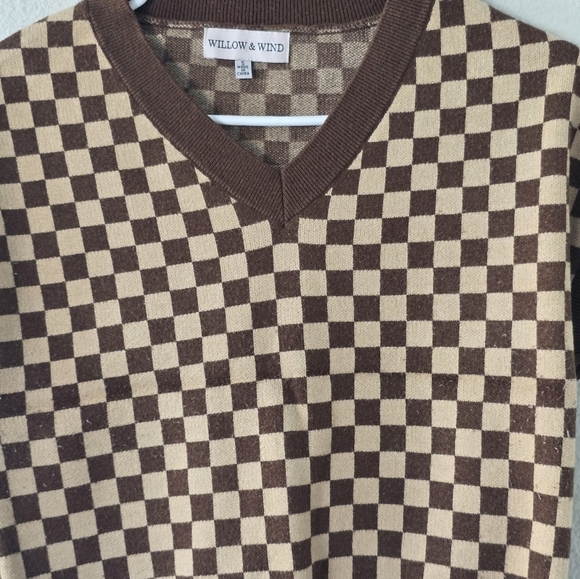 Willow&Wind Womens Checkered Pattern Print Brown&Tan Vest Sweater Sz Small - Picture 5 of 8